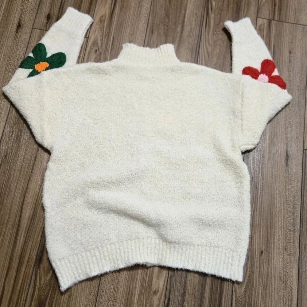 Cream Mock Neck Sweater 3D Flower Applique Knit Top Women's 2XL - Picture 7 of 8